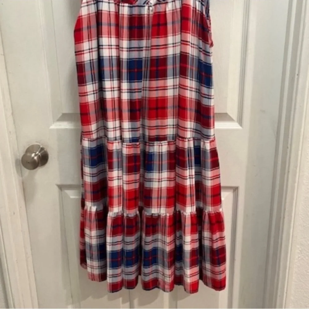 Torrid Puff Sleeve Tiered Midi Dress - Challis Plaid Red & Blue Sz14-16 (1X) EUC - Picture 8 of 14